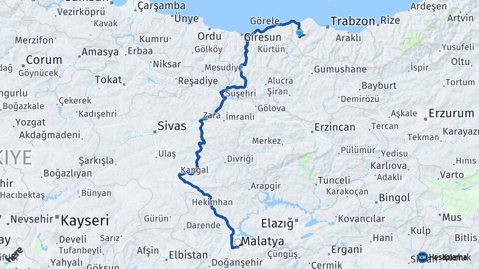 Trabzon Tonya Malatya Arası Kaç Km - Yol Haritası