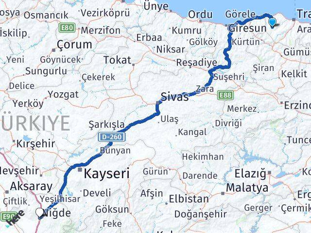 Trabzon Tonya Niğde Arası Kaç Km - Yol Haritası