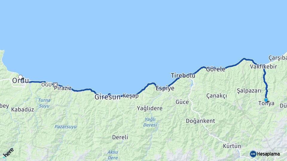Trabzon Tonya Ordu Arası Kaç Km - Yol Haritası
