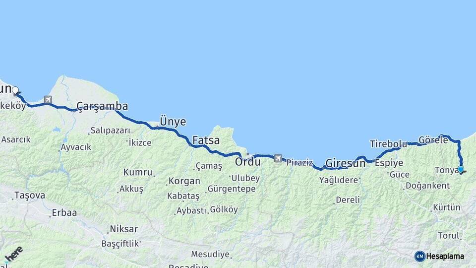 Trabzon Tonya Samsun Arası Kaç Km - Yol Haritası