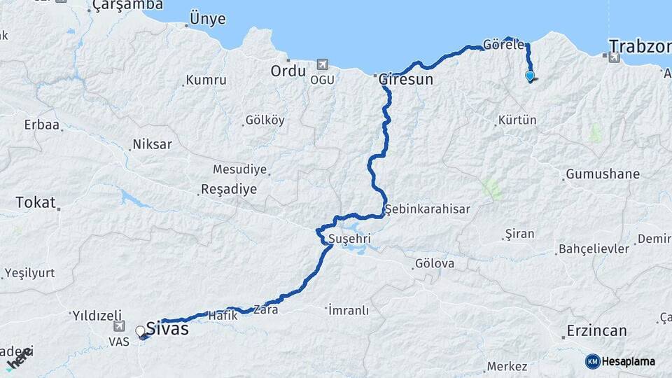 Trabzon Tonya Sivas Arası Kaç Km - Yol Haritası
