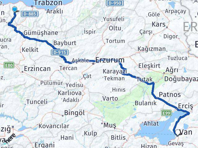 Trabzon Tonya Van Arası Kaç Km - Yol Haritası