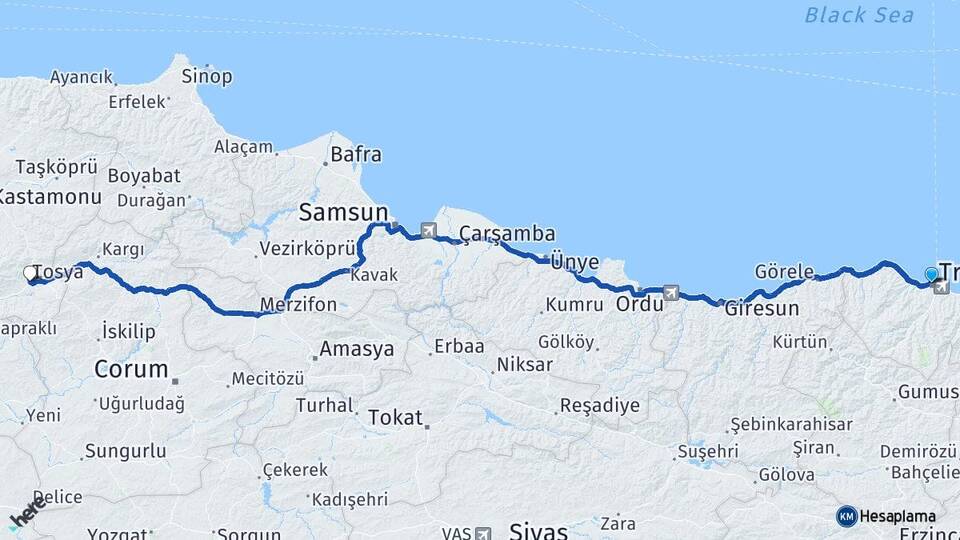 Trabzon Tosya Kastamonu Arası Kaç Km - Yol Haritası