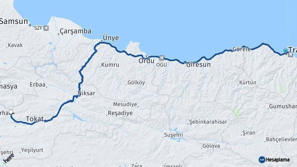 Trabzon Turhal Tokat Arası Kaç Km - Yol Haritası