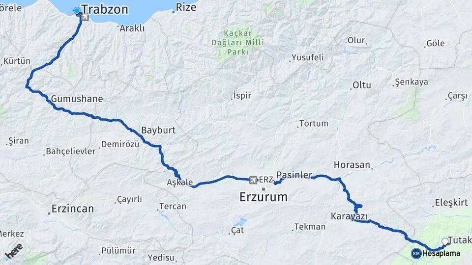 Trabzon Tutak Ağrı Arası Kaç Km - Yol Haritası