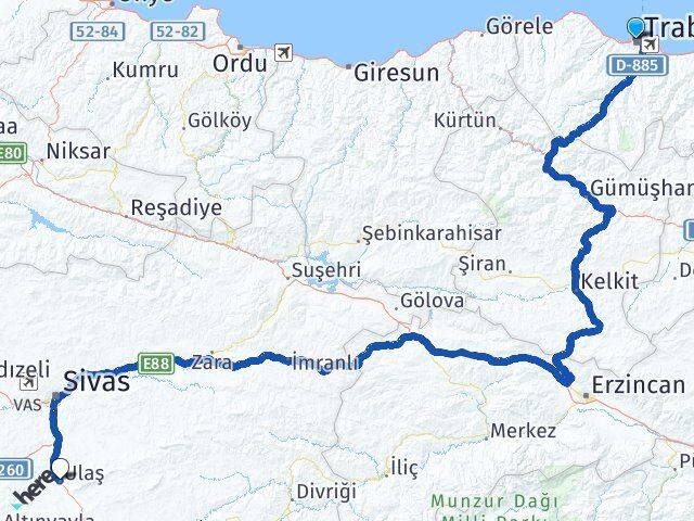 Trabzon Ulaş Sivas Arası Kaç Km - Yol Haritası