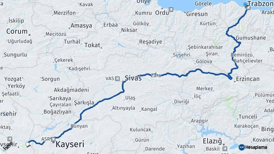 Trabzon Ürgüp Nevşehir Arası Kaç Km - Yol Haritası