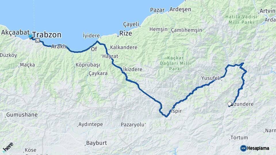 Trabzon Uzundere Erzurum Arası Kaç Km - Yol Haritası