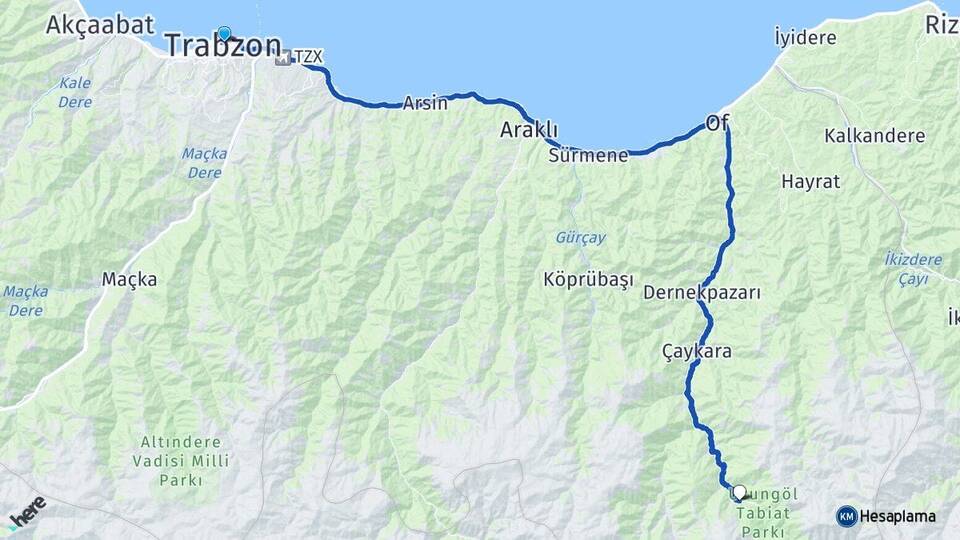 Trabzon Uzungöl Çaykara Arası Kaç Km - Yol Haritası