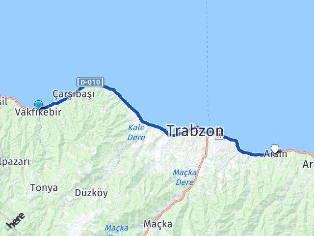 Trabzon Vakfıkebir Arsin Arası Kaç Km - Yol Haritası