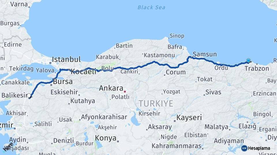 Trabzon Vakfıkebir Balıkesir Arası Kaç Km - Yol Haritası