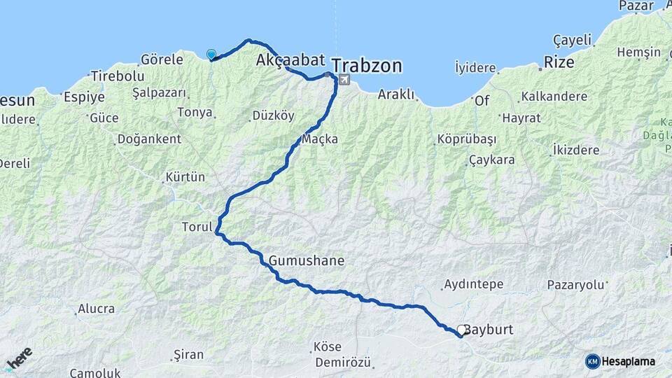 Trabzon Vakfıkebir Bayburt Arası Kaç Km - Yol Haritası