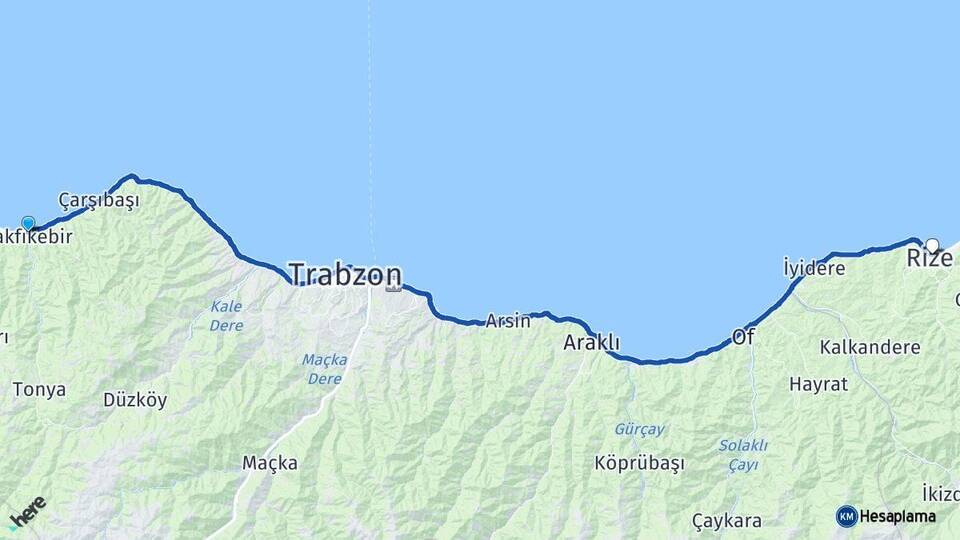 Trabzon Vakfıkebir Rize Arası Kaç Km - Yol Haritası