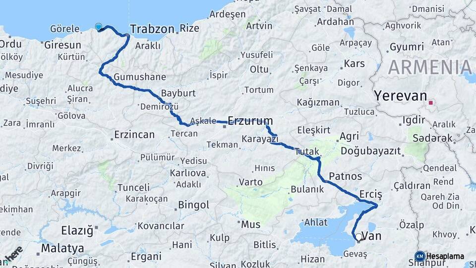 Trabzon Vakfıkebir Van Arası Kaç Km - Yol Haritası