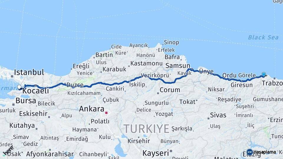 Trabzon Vakfıkebir Yalova Arası Kaç Km - Yol Haritası