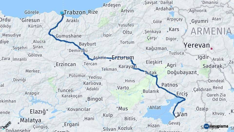 Trabzon Van Arası Kaç Km - Yol Haritası