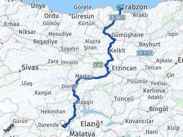 Trabzon Yazıhan Malatya Arası Kaç Km - Yol Haritası