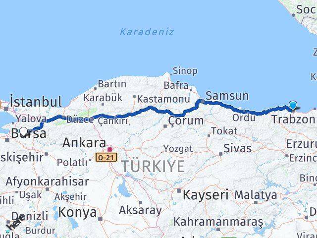 Trabzon Yenişehir Bursa Arası Kaç Km - Yol Haritası