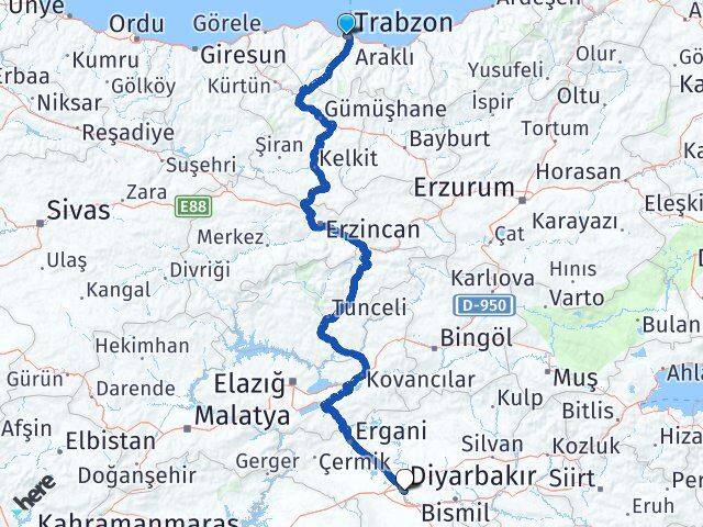 Trabzon Yenişehir Diyarbakır Arası Kaç Km - Yol Haritası