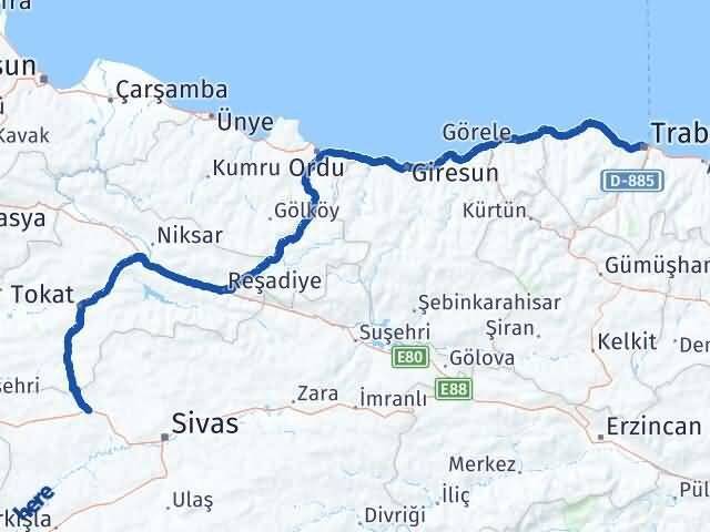 Trabzon Yıldızeli Sivas Arası Kaç Km - Yol Haritası