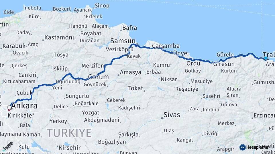 Trabzon Yomra Ankara Arası Kaç Km - Yol Haritası