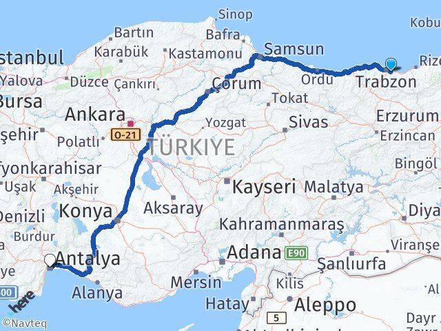 Trabzon Yomra Antalya Arası Kaç Km - Yol Haritası
