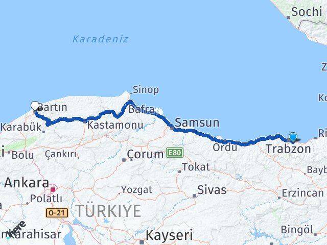 Trabzon Yomra Bartın Arası Kaç Km - Yol Haritası