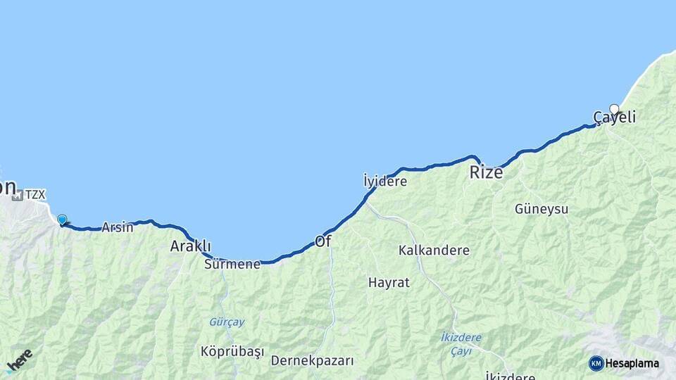 Trabzon Yomra Çayeli Rize Arası Kaç Km - Yol Haritası
