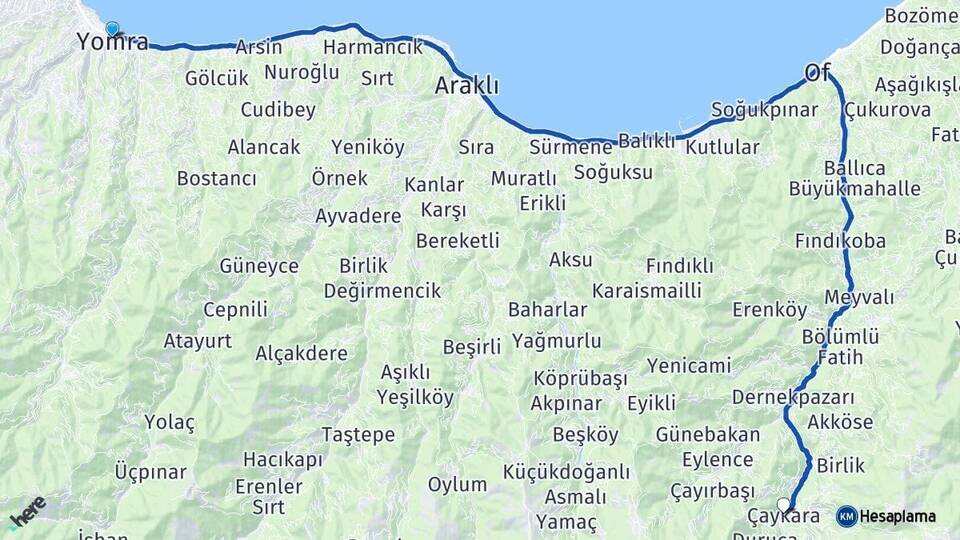 Trabzon Yomra Çaykara Arası Kaç Km - Yol Haritası