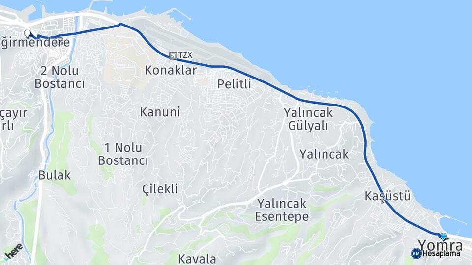 Trabzon Yomra Değirmendere Ortahisar Arası Kaç Km - Yol Haritası