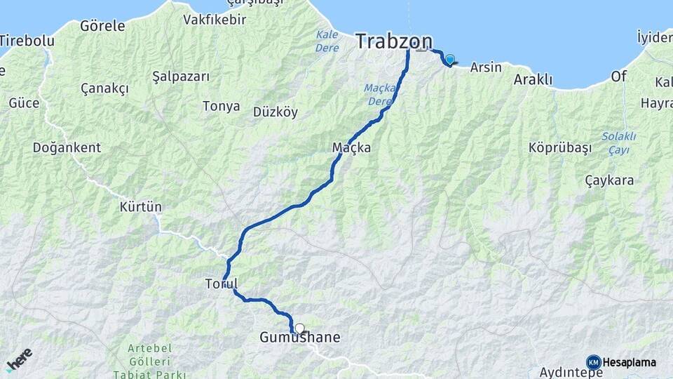 Trabzon Yomra Gümüşhane Arası Kaç Km - Yol Haritası
