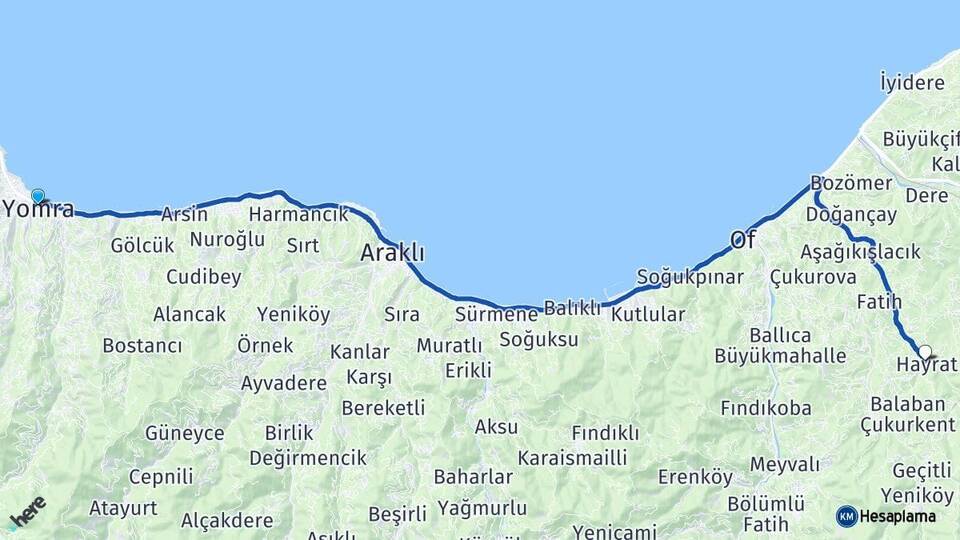 Trabzon Yomra Hayrat Arası Kaç Km - Yol Haritası