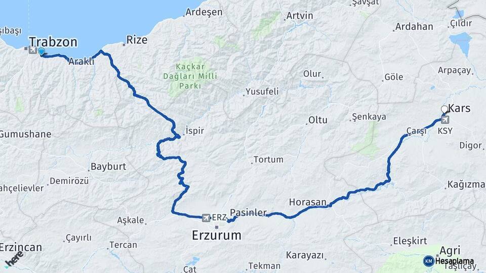 Trabzon Yomra Kars Arası Kaç Km - Yol Haritası