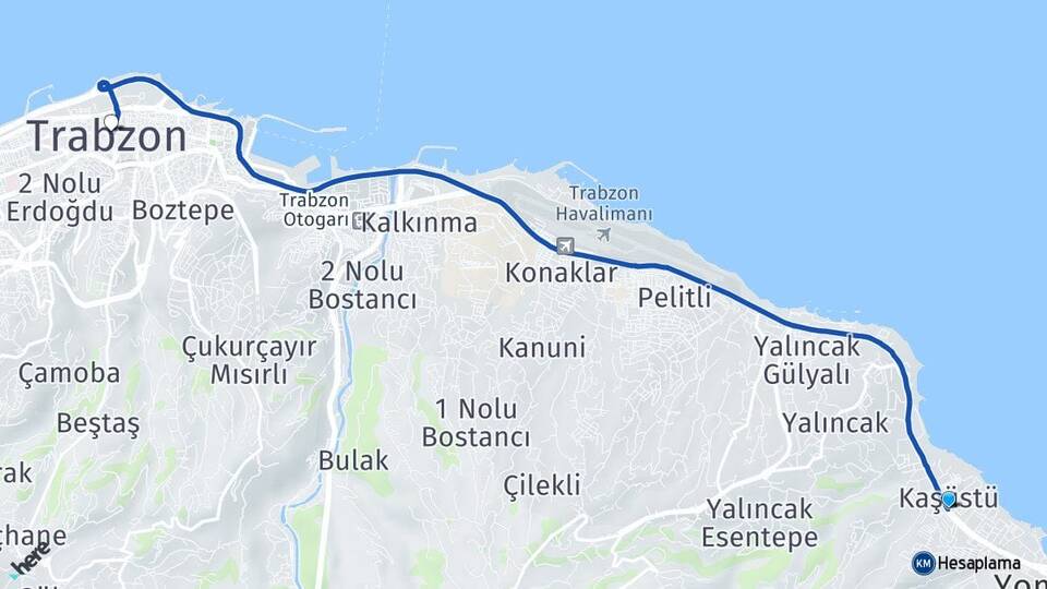Trabzon Yomra Kaşüstü Arası Kaç Km - Yol Haritası