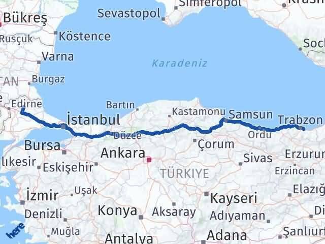 Trabzon Yomra Kırklareli Arası Kaç Km - Yol Haritası