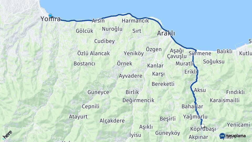 Trabzon Yomra Köprübaşı Arası Kaç Km - Yol Haritası
