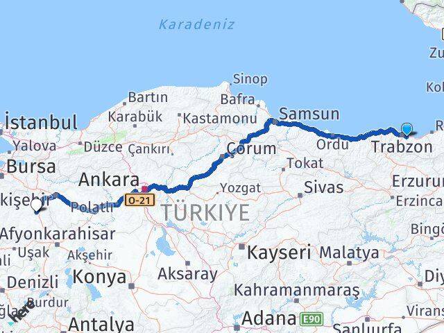 Trabzon Yomra Kütahya Arası Kaç Km - Yol Haritası