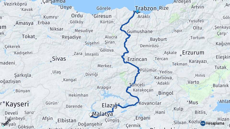 Trabzon Yomra Malatya Arası Kaç Km - Yol Haritası