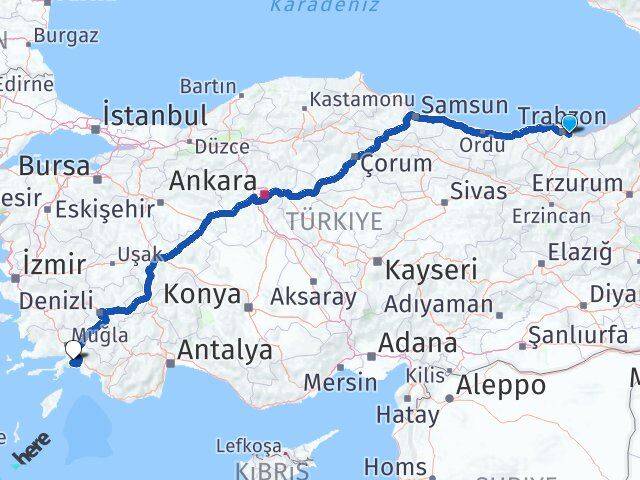 Trabzon Yomra Muğla Arası Kaç Km - Yol Haritası