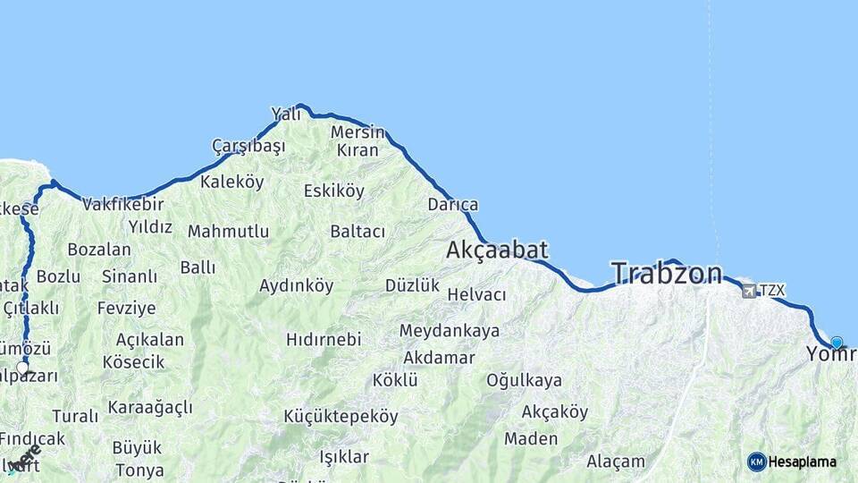 Trabzon Yomra Şalpazarı Arası Kaç Km - Yol Haritası