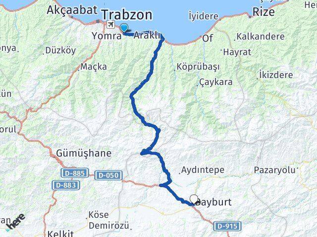 Trabzon Yomra Şingah Bayburt Arası Kaç Km - Yol Haritası