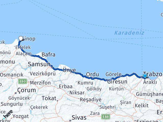 Trabzon Yomra Sinop Arası Kaç Km - Yol Haritası