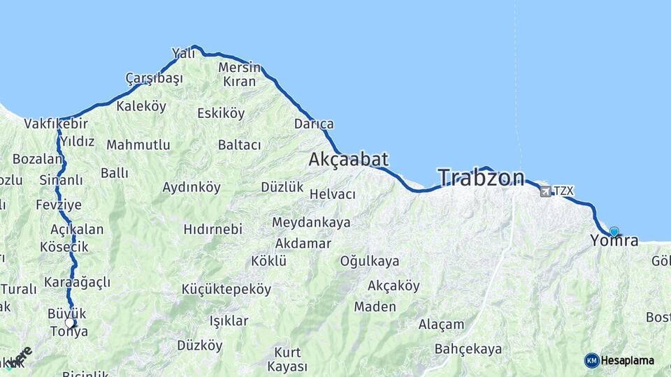 Trabzon Yomra Tonya Arası Kaç Km - Yol Haritası