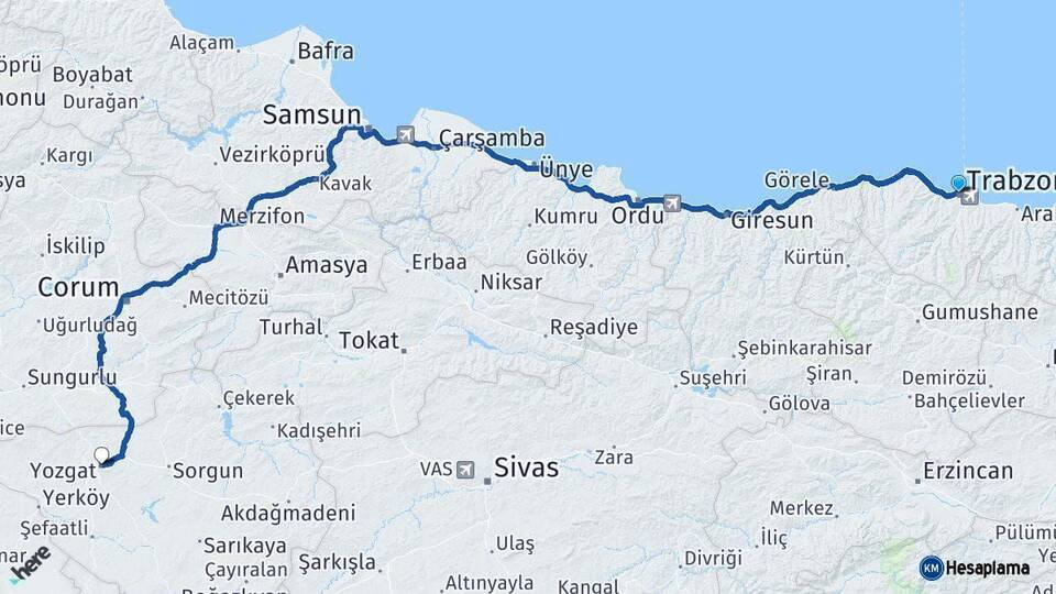 Trabzon Yozgat Arası Kaç Km - Yol Haritası