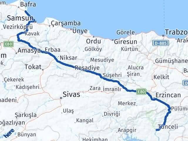 Tunceli 19 Mayıs Samsun Arası Kaç Km - Yol Haritası