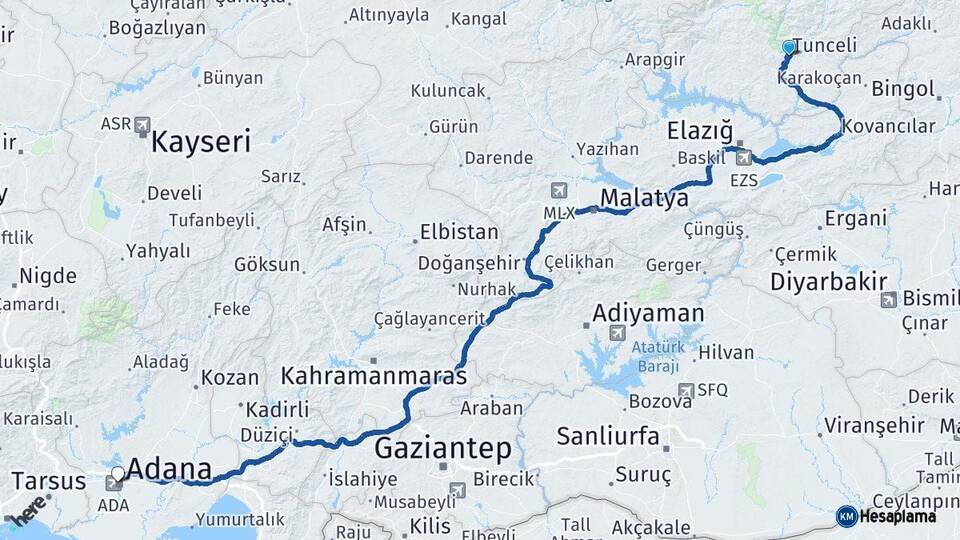 Tunceli Adana Arası Kaç Km - Yol Haritası
