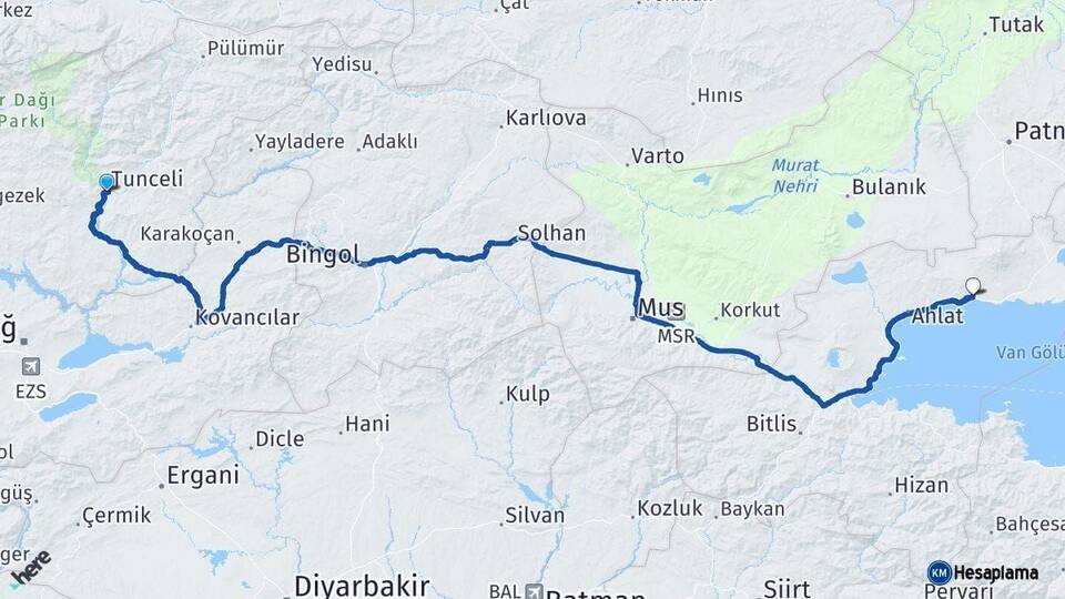 Tunceli Adilcevaz Bitlis Arası Kaç Km - Yol Haritası