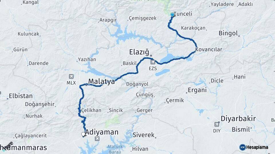Tunceli Adıyaman Arası Kaç Km - Yol Haritası