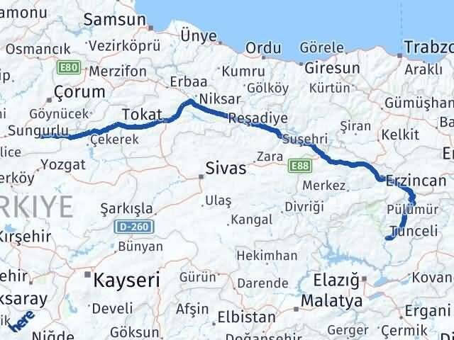 Tunceli Alaca Çorum Arası Kaç Km - Yol Haritası