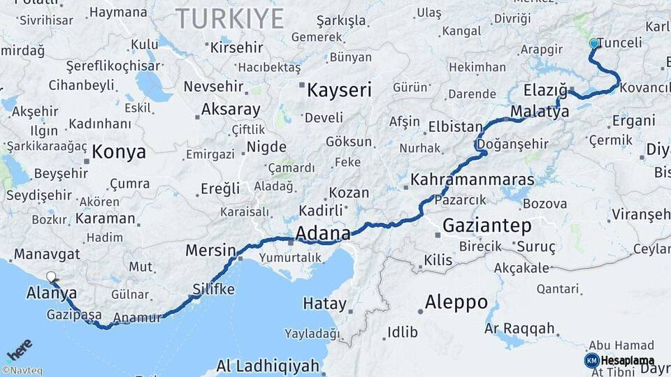 Tunceli Alanya Antalya Arası Kaç Km - Yol Haritası